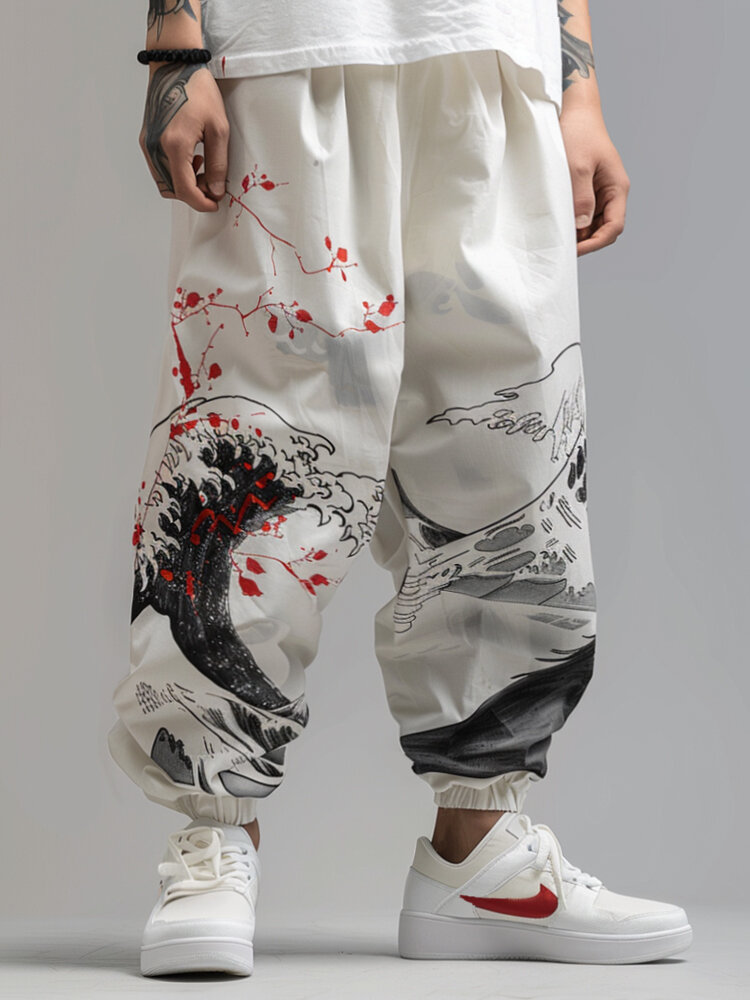 

Mens Japanese Wave Floral Print Loose Elastic Cuff Pants, White