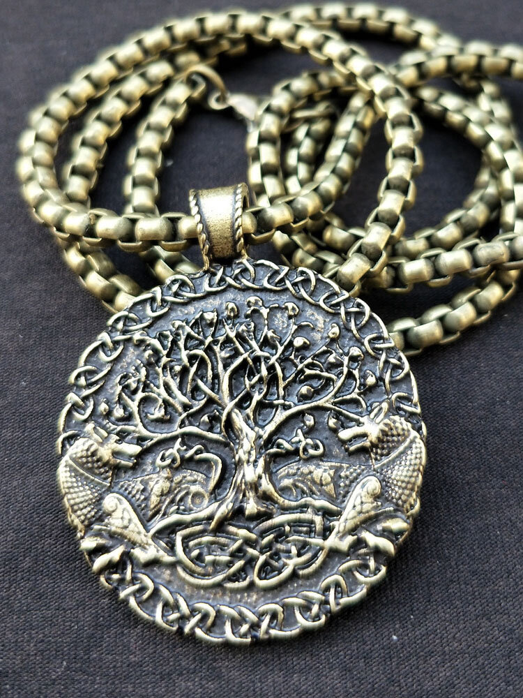 

Vintage Carved World Trees Men Necklace Wolf Long Necklace Jewelry Gift, Antique silver