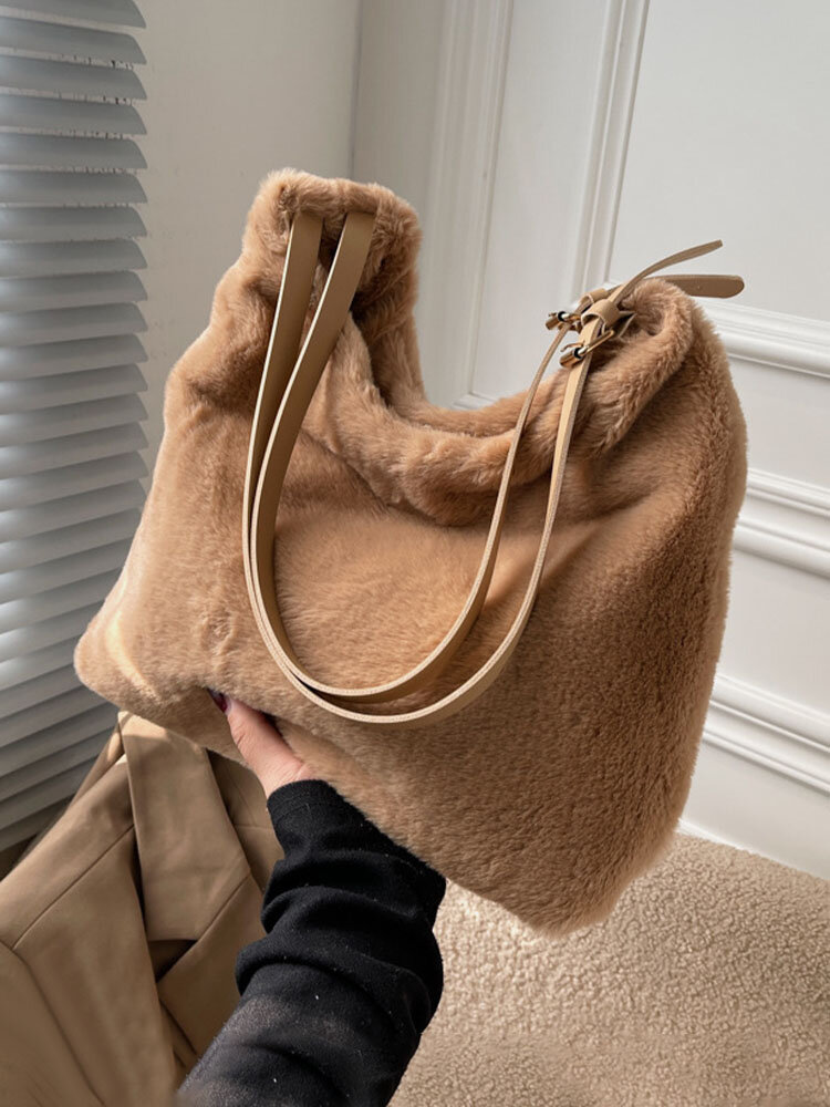 Women Dacron Casual Plush Solid Color Multi-Carry Handbag Tote