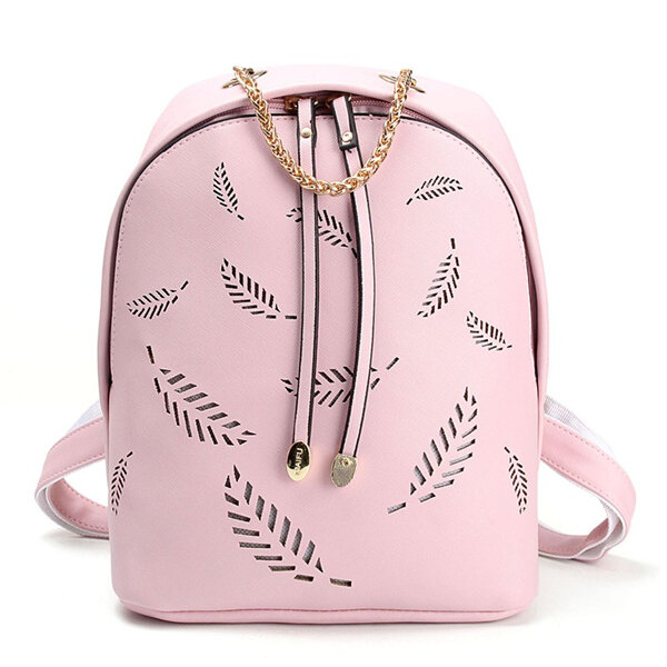 Women PU Leather Traveling Backpack Casual Hollow Leaf School Bag