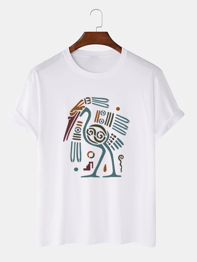 Mens Abstract Ethnic Bird Print Short Sleeve Cotton T-Shirts