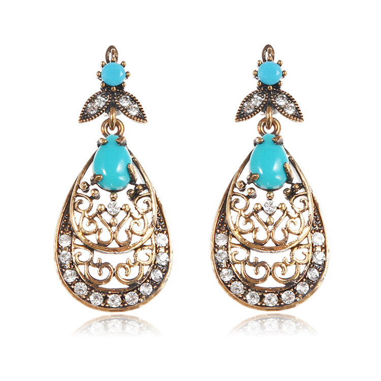 

Retro Blue Turquoise Earrings Long Style Rhinestone Ear Drop For Women, Bronze