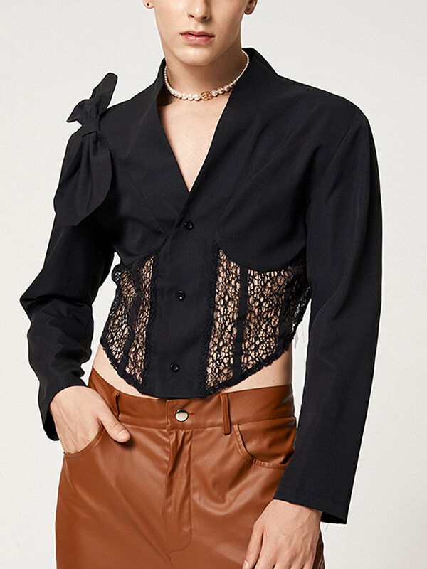 Mens Lace Patchwork Bow Tie Cropped Blazer