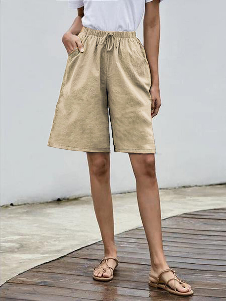 Solid Color Elastic Waist Drawstring Casual Shorts