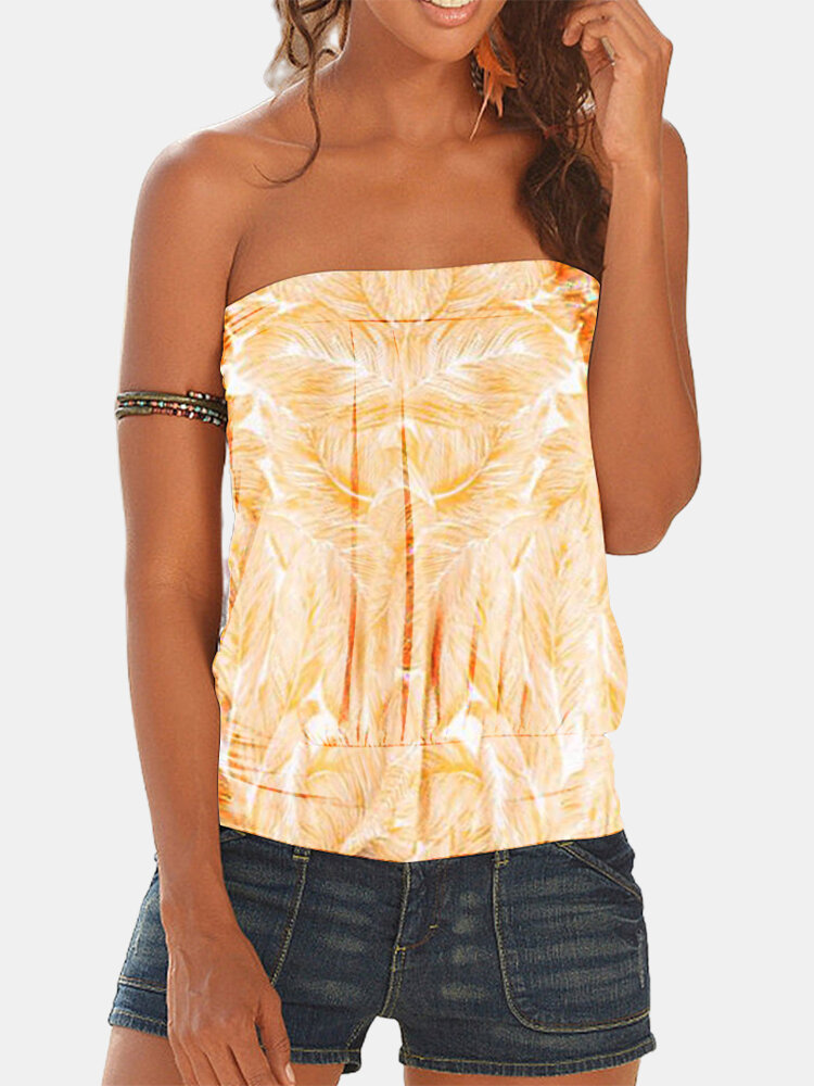 Printed Sleeveless Strapless Pleated Tank Top