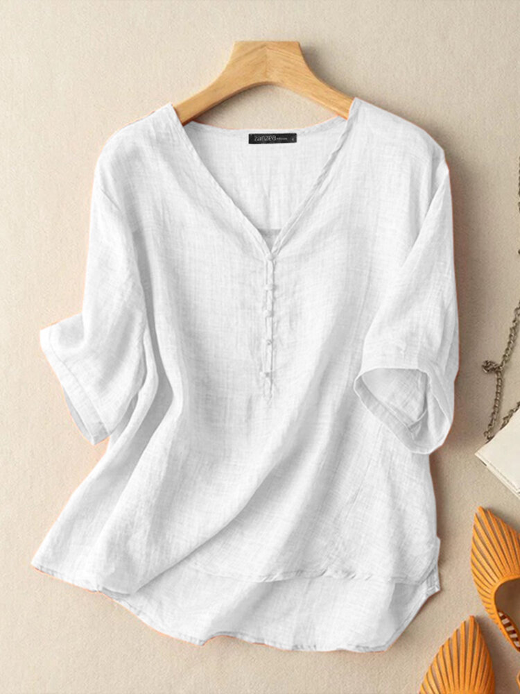 Solid Half Sleeve V-neck Casual Blouse For Women