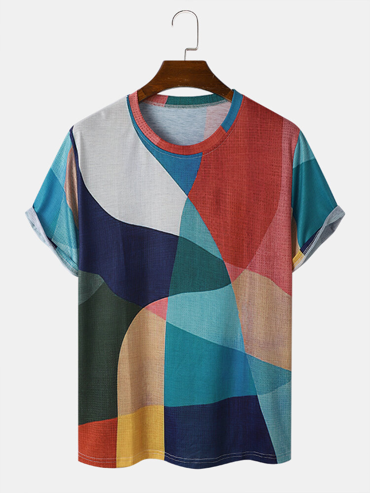 Men Geometric Colorblock Abstract Print Crew Neck Soft Breathable T-Shirts