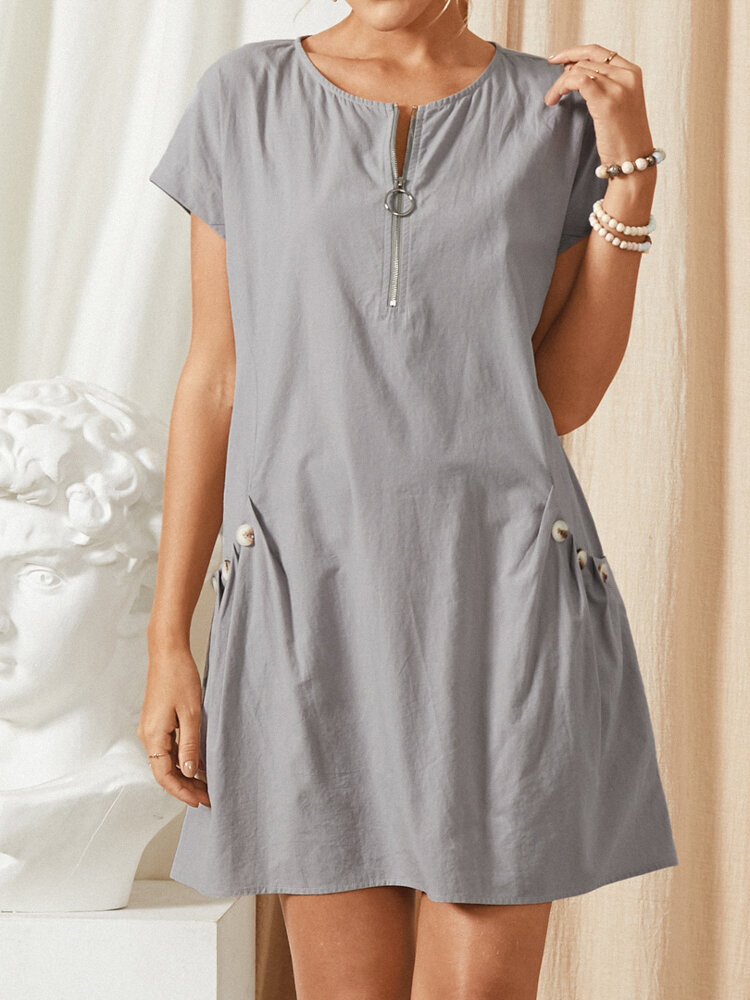 Solid Color Zip Front Button Casual Dress with Pockets