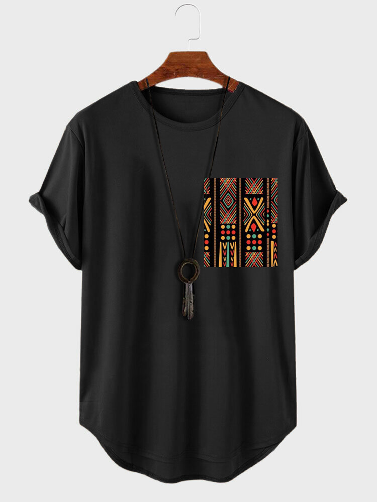 Herren Colorful T-Shirt mit ethnischem geometrischem Aufdruck und abgerundetem Saum, kurzärmelig