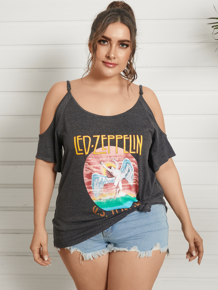Casual Print Off Shoulder Short Sleeve Plus Size T-shirt for Women