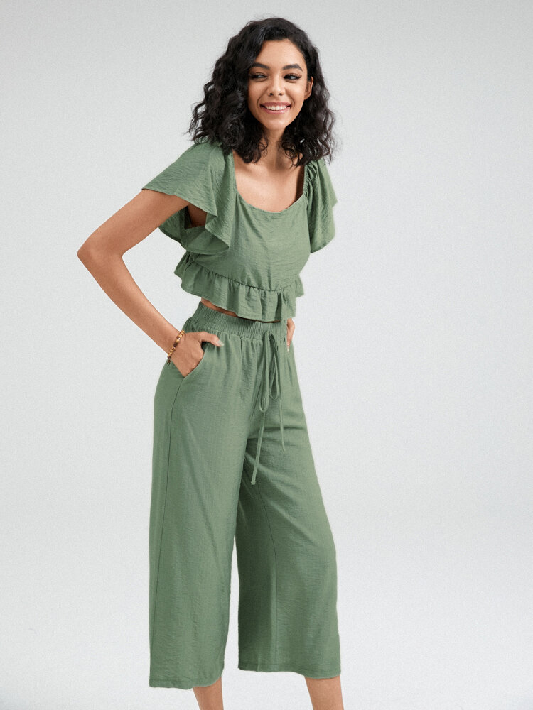 Solid Ruffle Sleeve Tie Front Wide Leg Two Pieces Suit