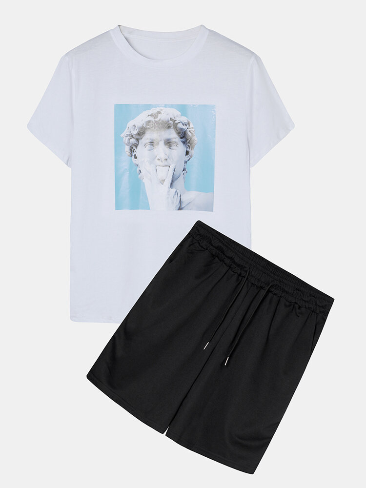 Mens Portrait Graphic Sets Short Sleeve T-Shirt Casual Drawstring Shorts