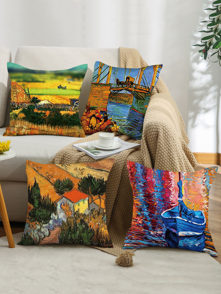 4 piezas paisaje Oil pintura Colorful pueblo granja impresión funda de almohada tiro funda de almohada sofá de lino hogar Coche funda de cojín