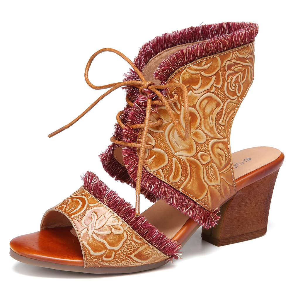 Distressed Leather Embossed Floral Fringed Cutout Lace-up Block Heel Sandals