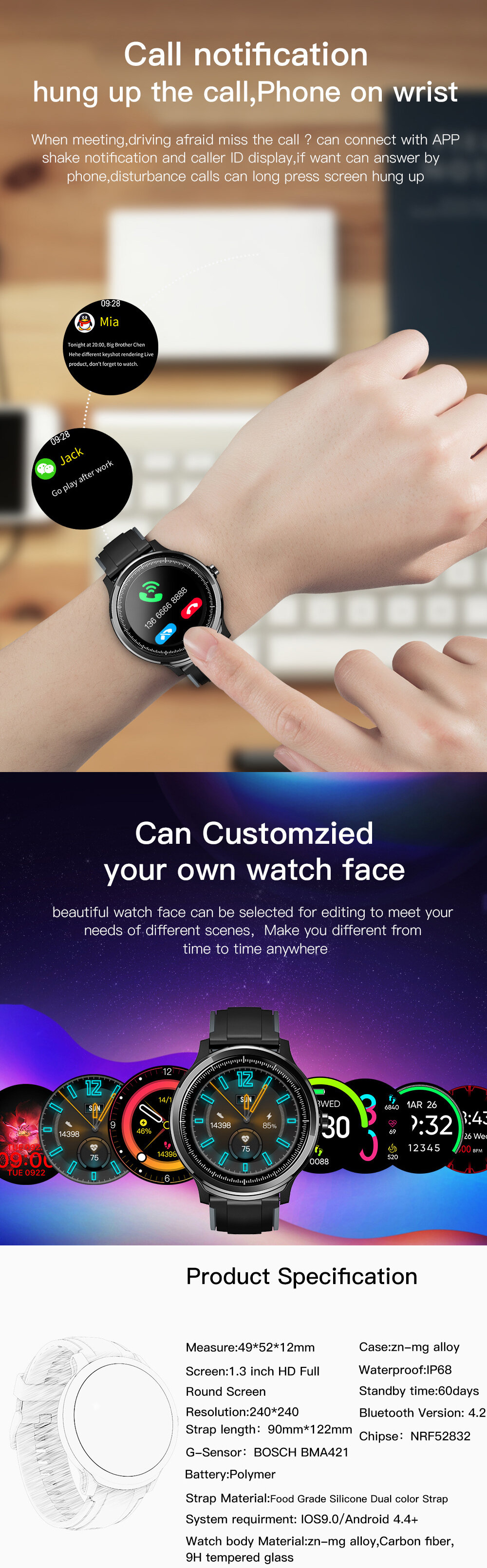 IP68 Full Touch Screen Wristband Customized Watch Face Heart Rate Monitor Long Standby Smart Watch
