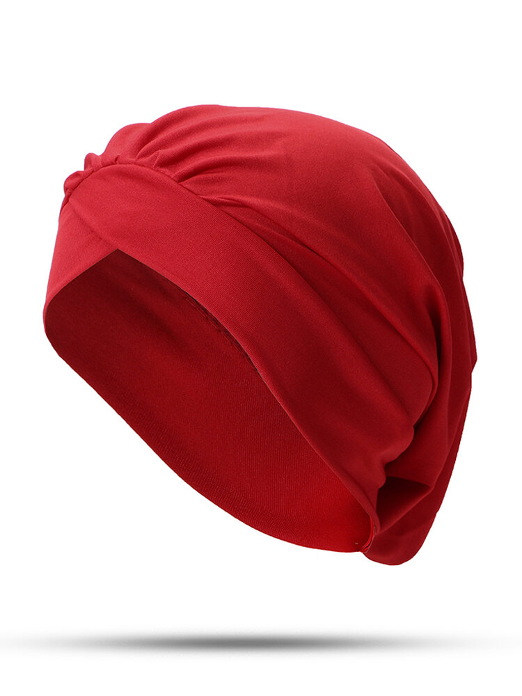 Women Solid Color Soft Flexible Beanie Hat Outdoor Casual Cross Folds Indian Hat
