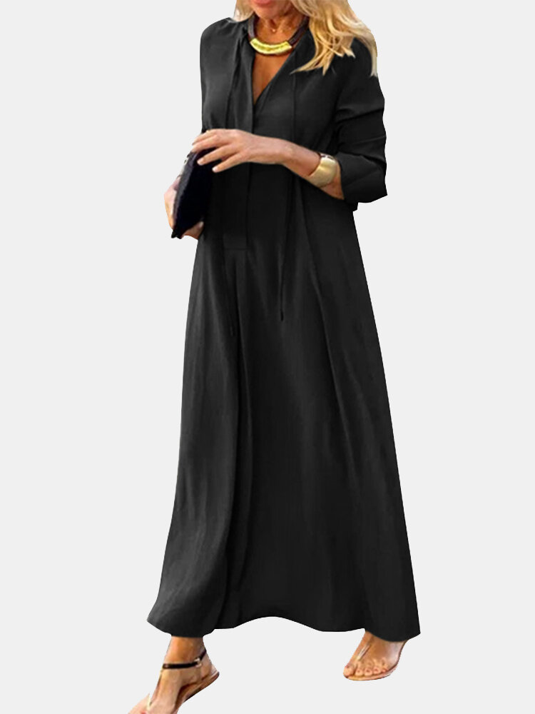 Solid Long Sleeve V-neck Maxi Dress For Women