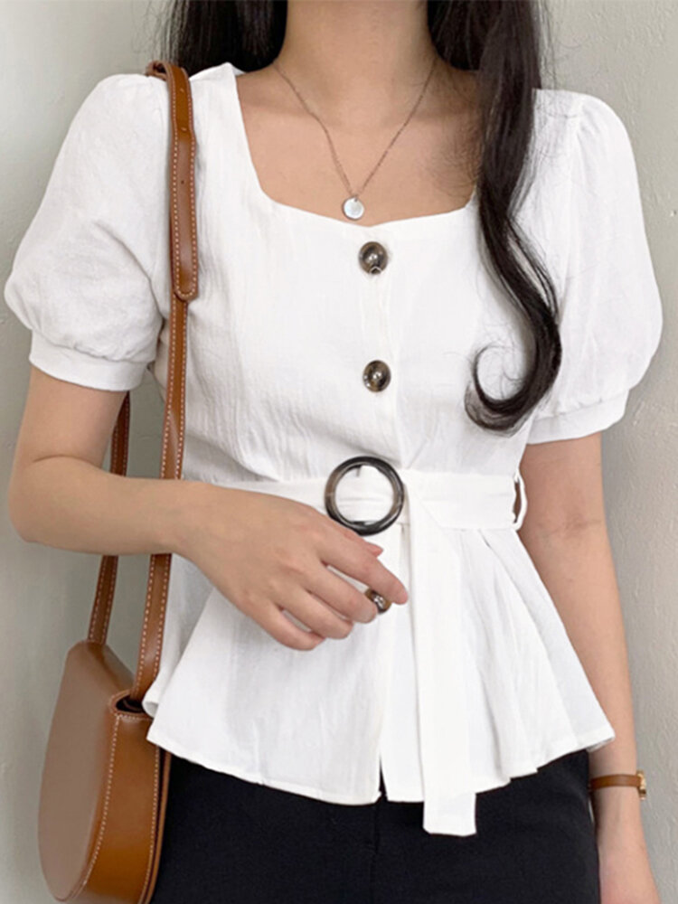 Solid Puff Sleeve Button Square Collar Blouse With Belt