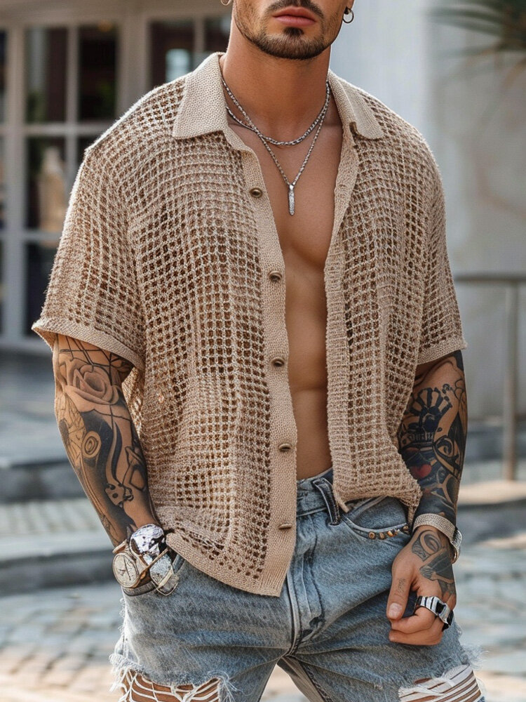 Camisas holgadas de manga corta con cuello de solapa de malla sólida para hombre