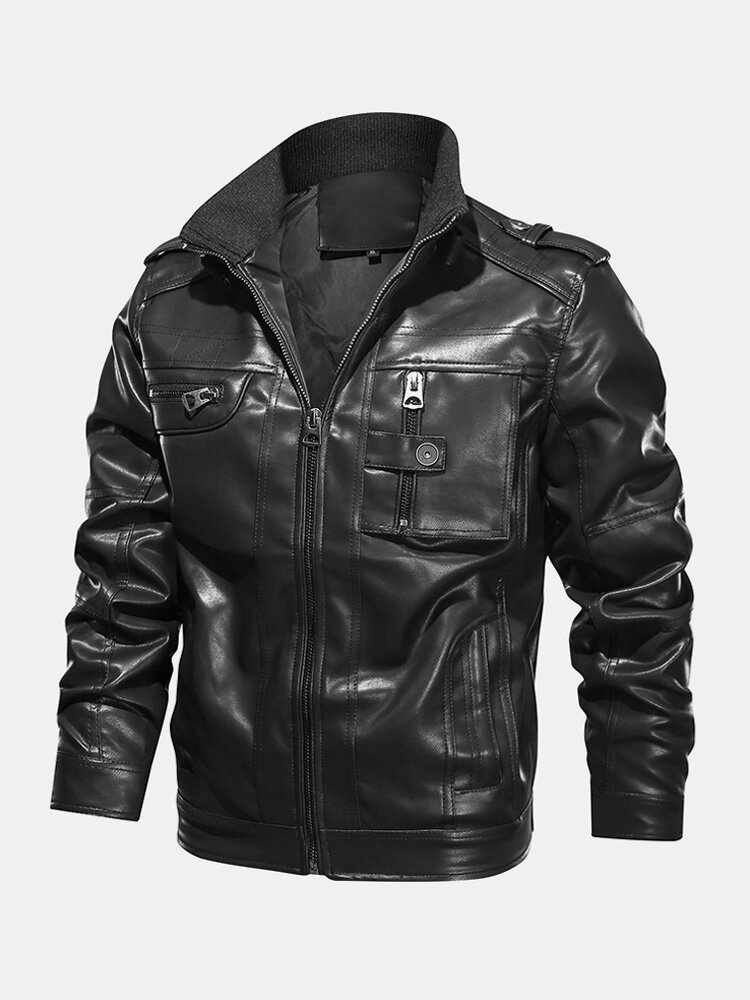 Mens Black PU Leather Long Sleeve Zipper  Pocket Motorcycle Leather Jackets Coats