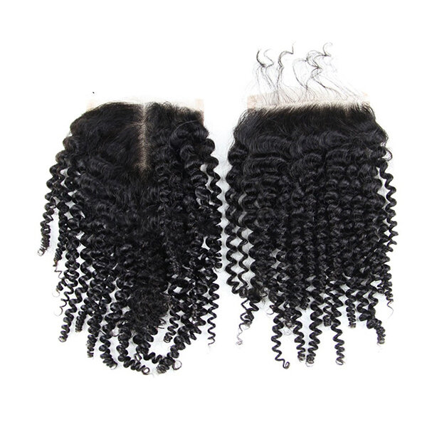 

4*4 Brazilian Kinky Curly 100% Human Hair Extensions Lace Closure Natural Color