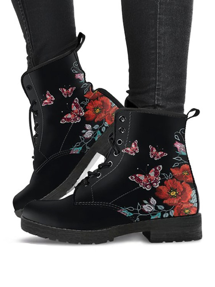 Large Size Women Casual Floral Butterfly Print Comfortable Tooling Boots
