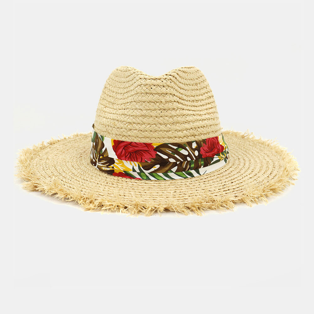 

Women Printed Pattern Raffia Straw Hat Sunscreen Beach Hat, Yellow