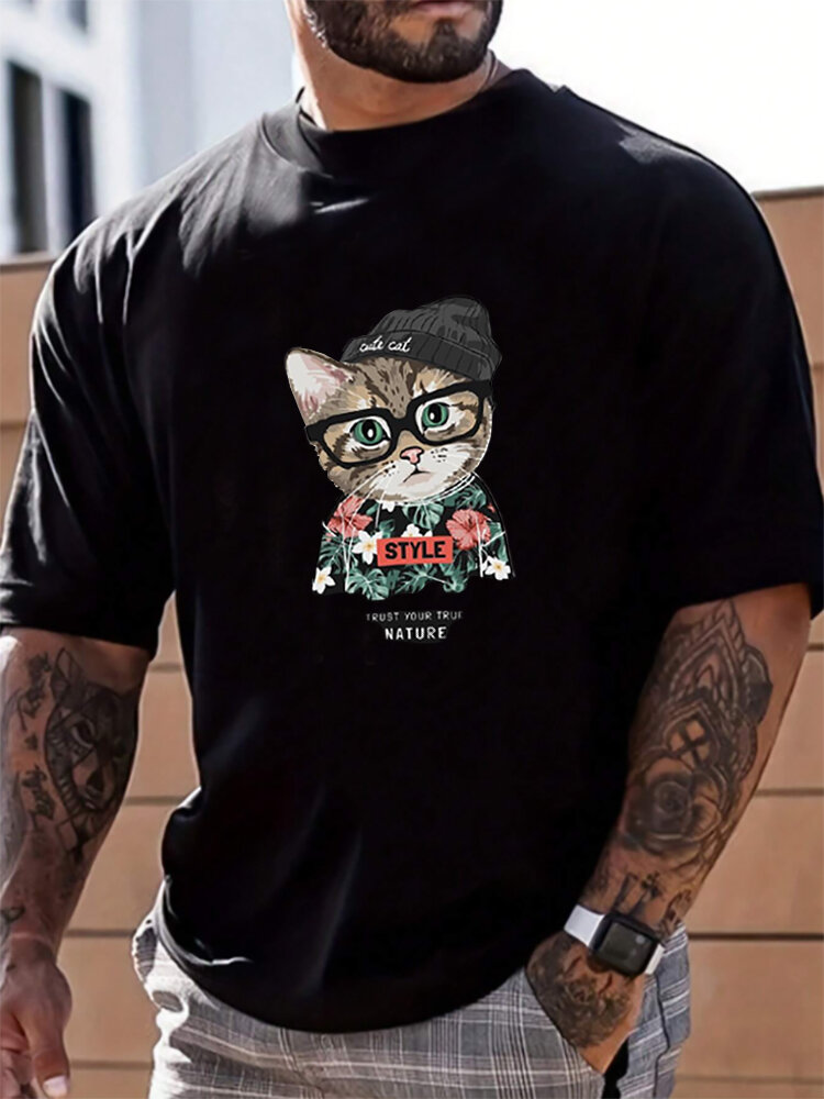 Mens Cartoon Cat Print Crew Neck Casual Camisetas de manga curta