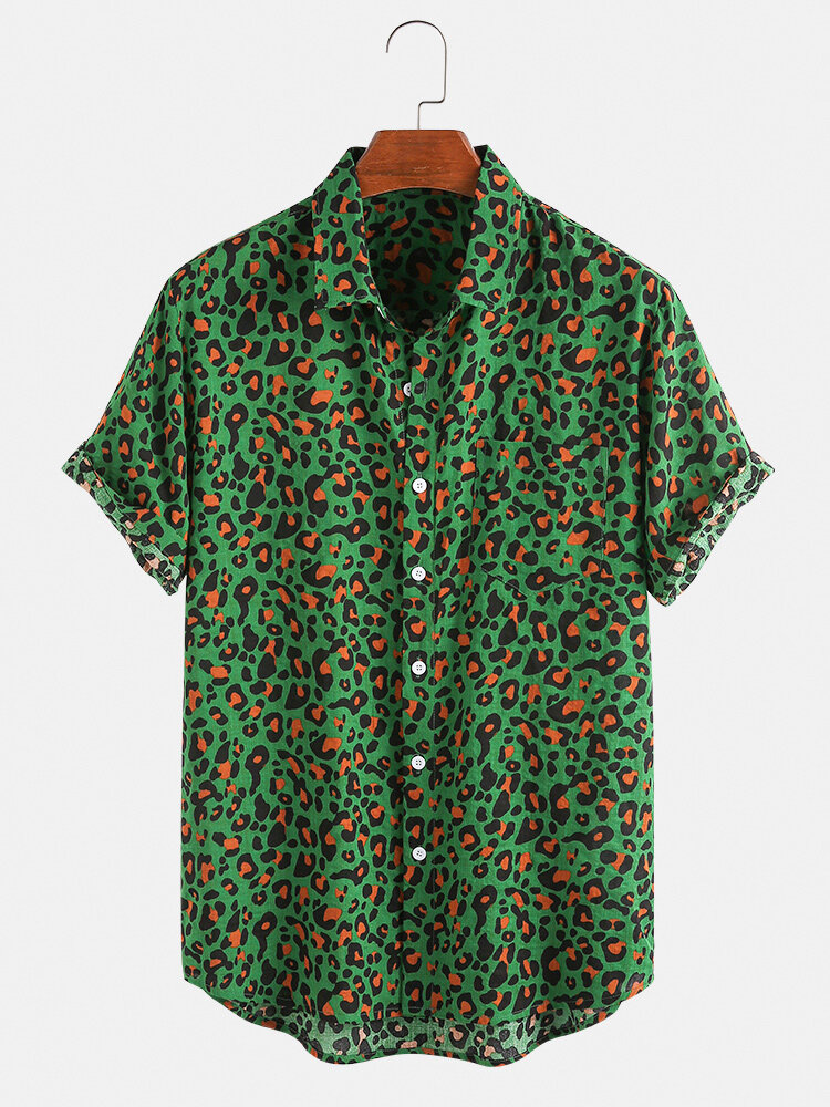 قميص رجالي صيفي مطبوع عليه الفهد يسمح بمرور الهواء بأكمام قصيرة