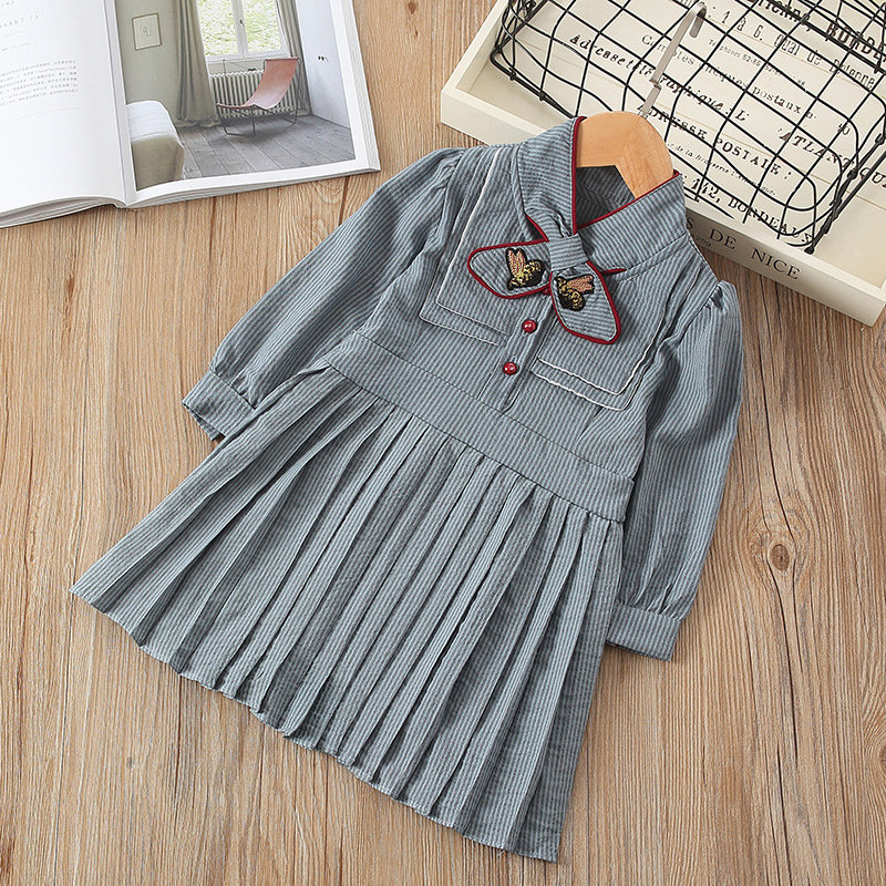Bunny Tie Bow Girls Patchwork Long Sleeve Pleated Dress For 2Y-9Y
