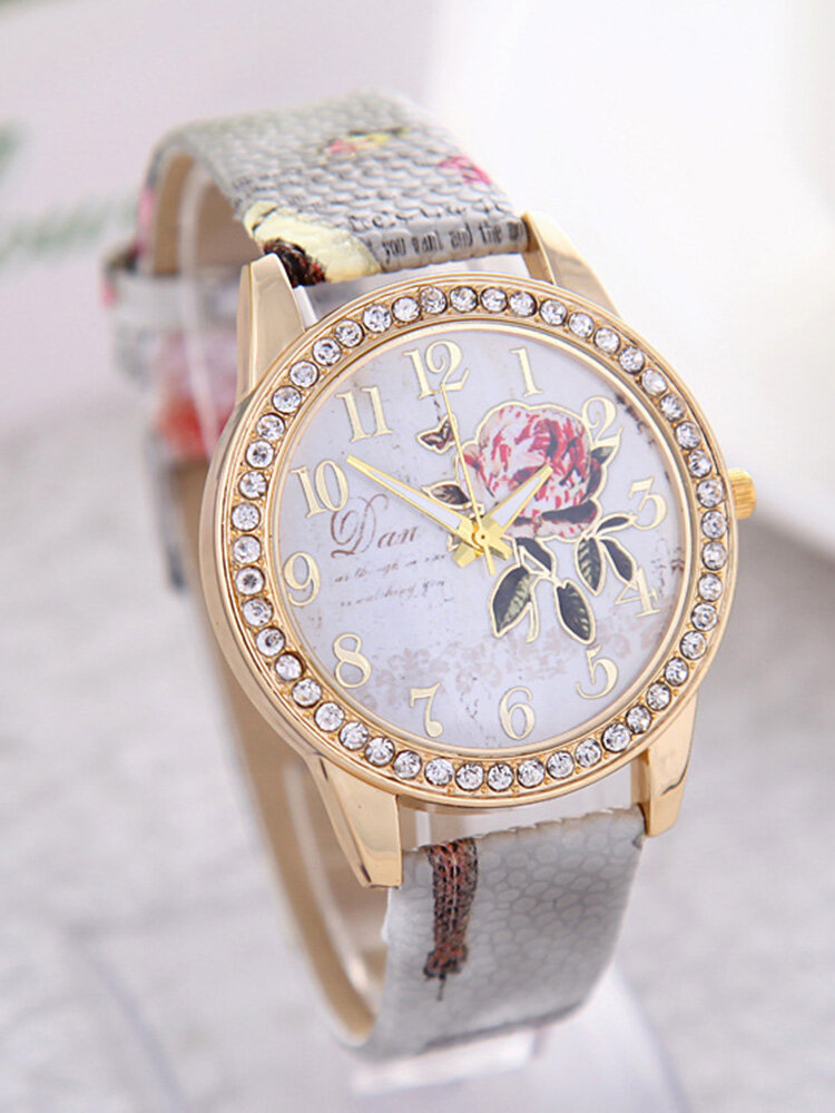 Casual Leather Quartz Chinese Style Wristwatch Peony Pattern Watches Gift for Women