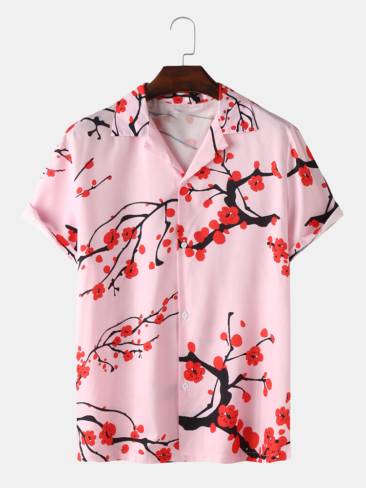 Mens Plum Blossom Print Holiday Camp Collar Short Sleeve Shirt