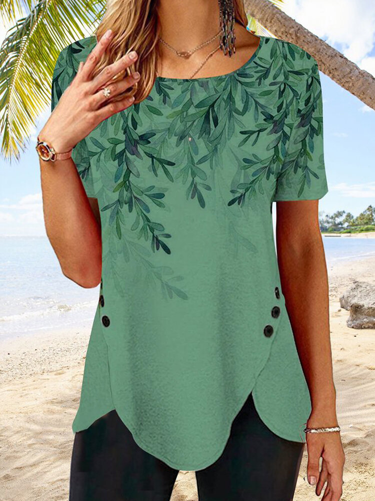 Women Plant Leaf Print Asymmetrical Hem Vacation Short Sleeve T-Shirt