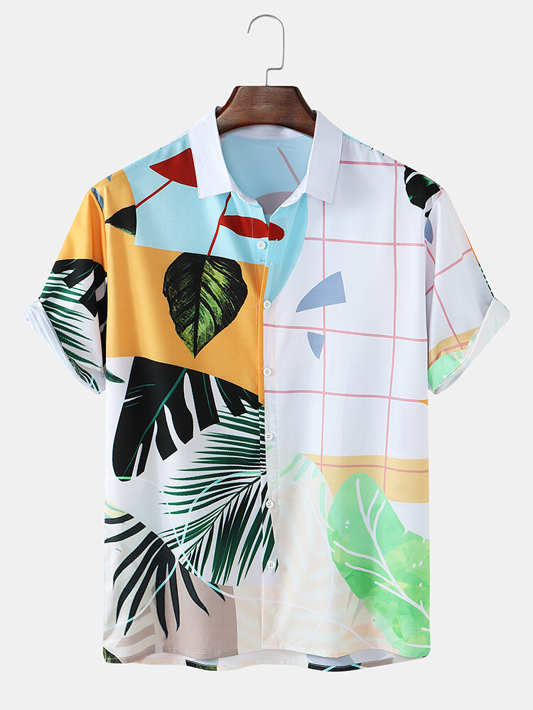 Mens Tropical Leaves & Plaid Colorblock Print Short Sleeve Holiday Shirt