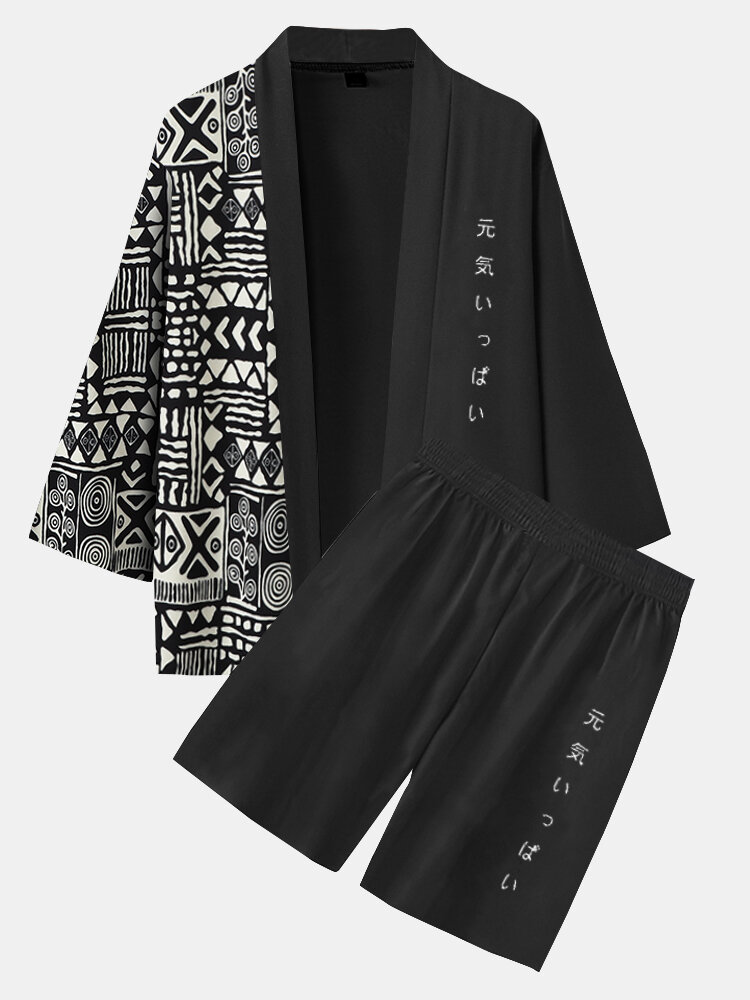

Mens Monochrome Geometric Japanese Print Kimono Two Pieces Outfits, Black