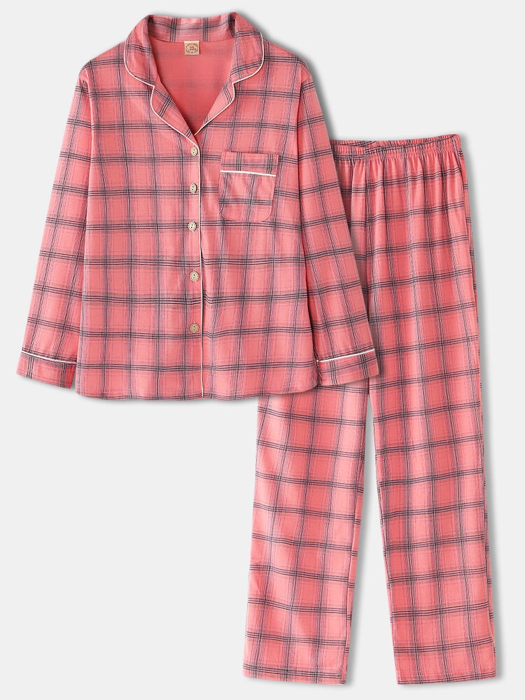 Women Plaid Print Plus Size Cotton Long Sleeve Two-Piece Casual Home Pajamas Set
