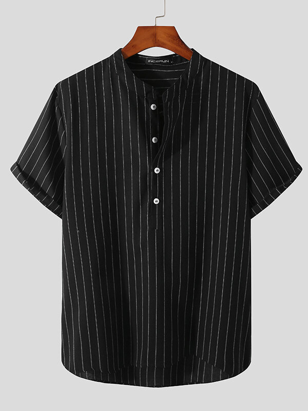 Mens Stripe Print Stand Collar Short Sleeve Shirt