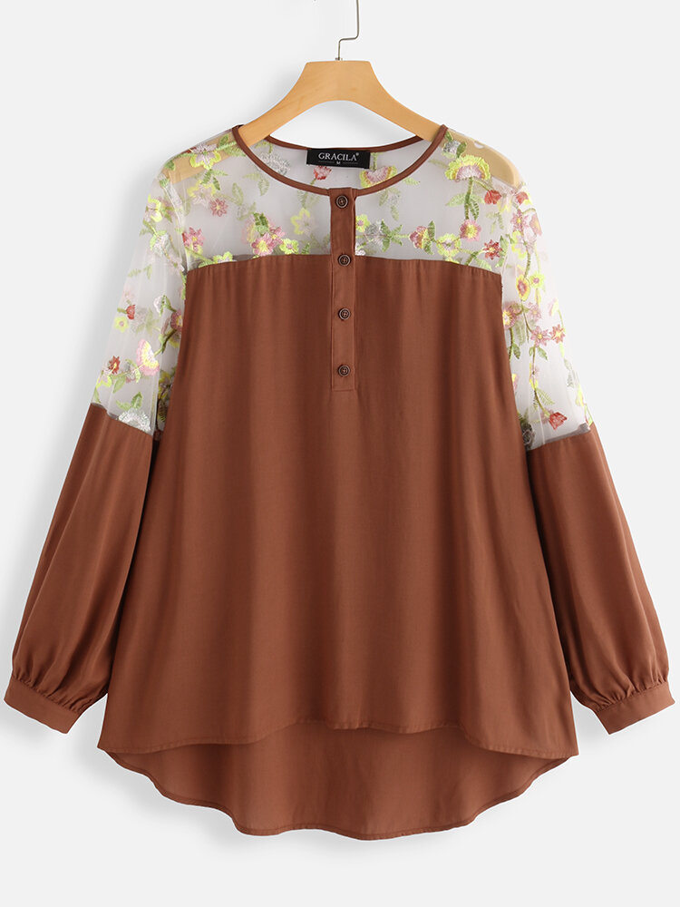 Mesh Flower Embroidery Patched Long Sleeve Blouse