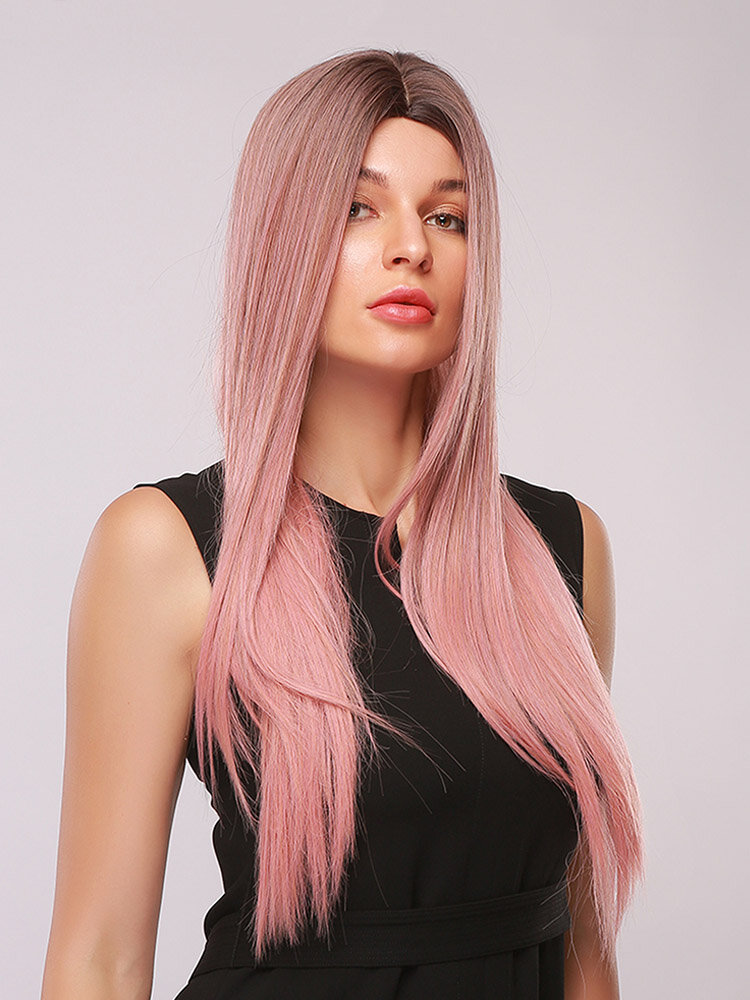 28 Inches Black-pink Gradient Color Long Medium Parted Straight Hair Elegant Supple High-quality Headgear Synthetic Wig Suitable For Party And Daily