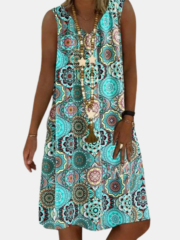 Ethnic Tie-dyed Print Sleeveless Loose V-neck Dress For Women