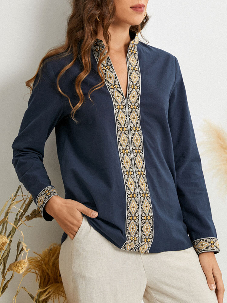 Tribal Pattern Long Sleeve Stand Collar Blouse
