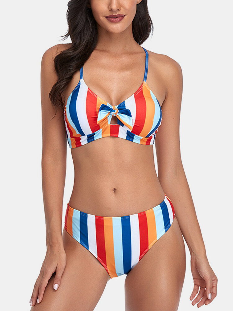 Women Stripe Print Spaghetti Straps Knotted Hawaii Bikini Swimsuit
