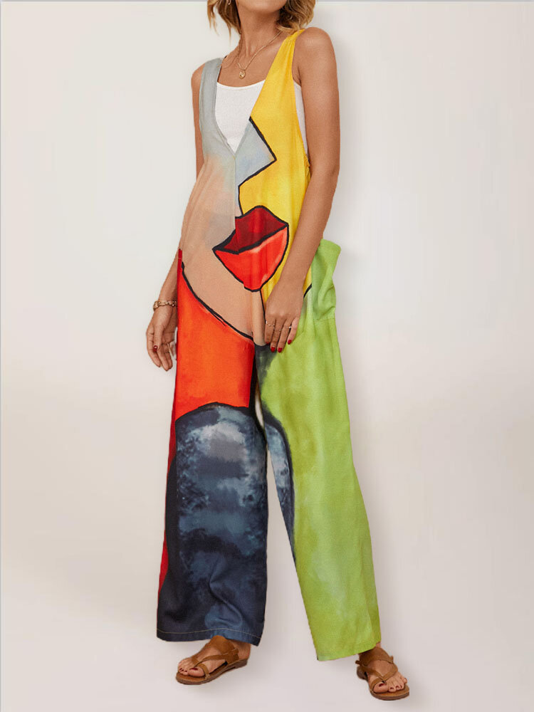 Abstract Portrait Print Strap Pocket V-Neck Sleeveless Loose Cami Jumpsuit