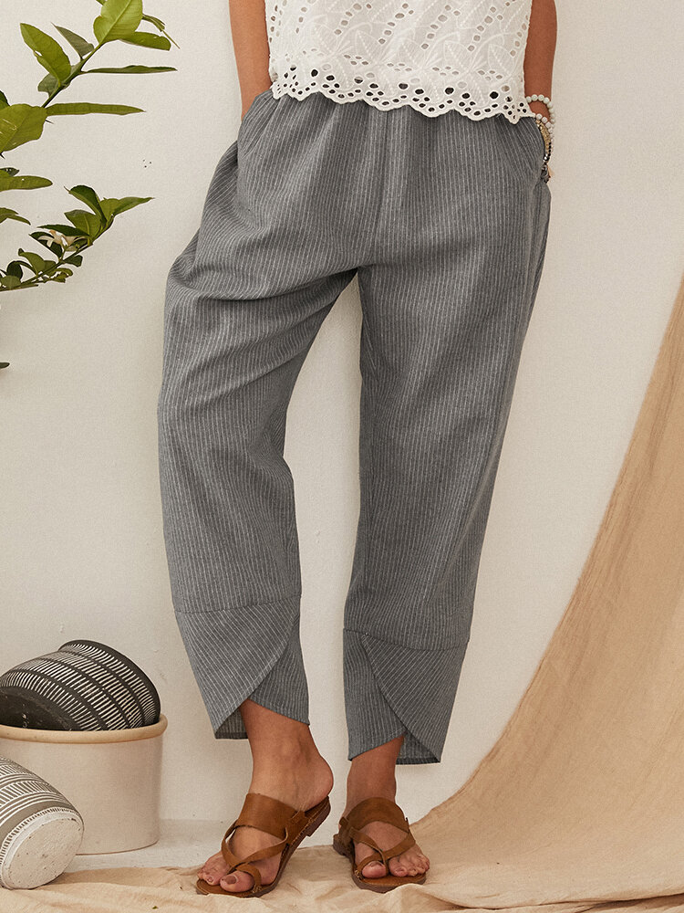 Striped Elastic Waist Pants With Pocket