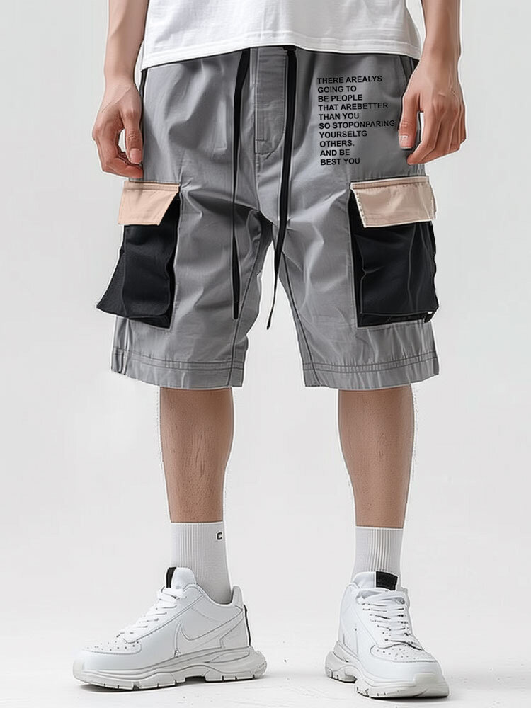 

Mens Letter Print Patchwork Cargo Pocket Casual Shorts, Gray