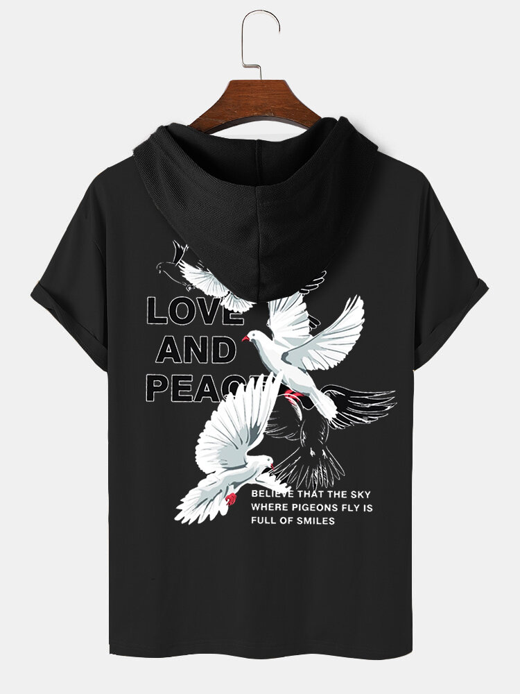 Mens Peace Pigeon Slogan Print Short Sleeve Hooded T-Shirts