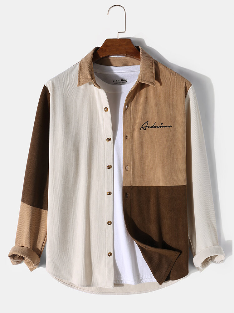 

Mens Letter Embroidered Color Block Patchwork Corduroy Long Sleeve Shirts, Green;khaki;brown