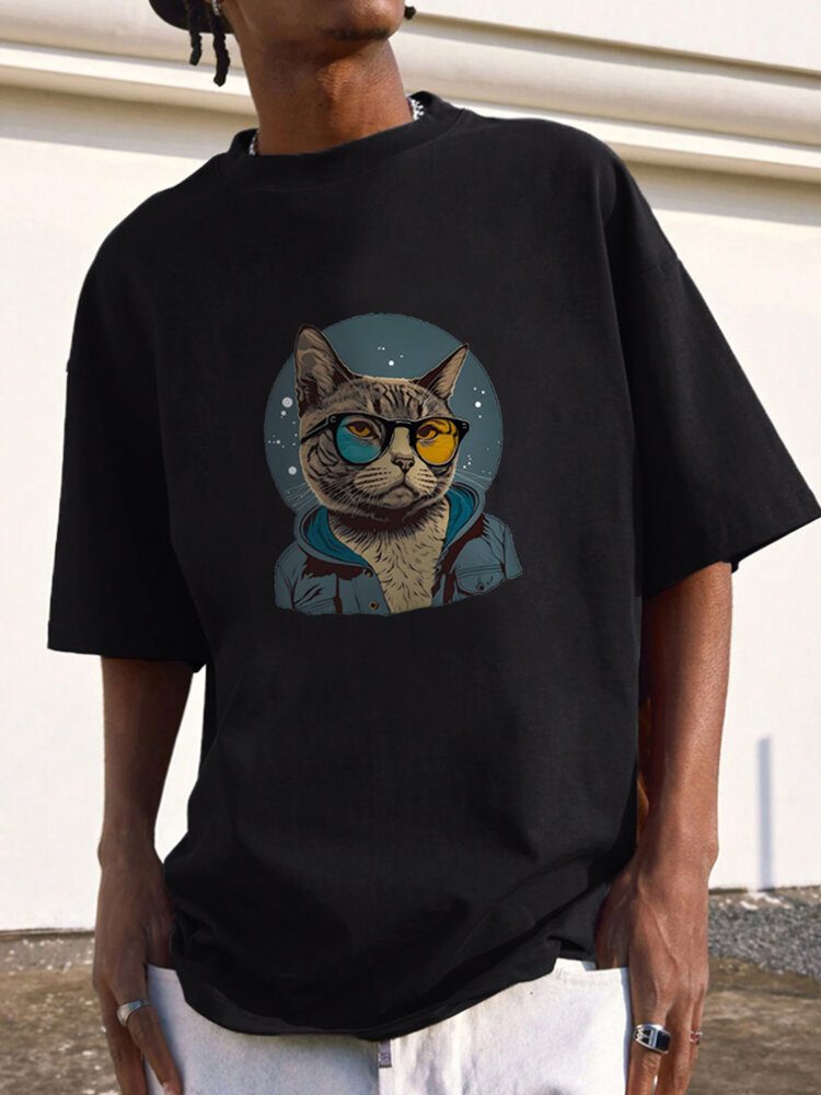 Mens Cat Figure Graphic Crew Neck Short Sleeve T-Shirts
