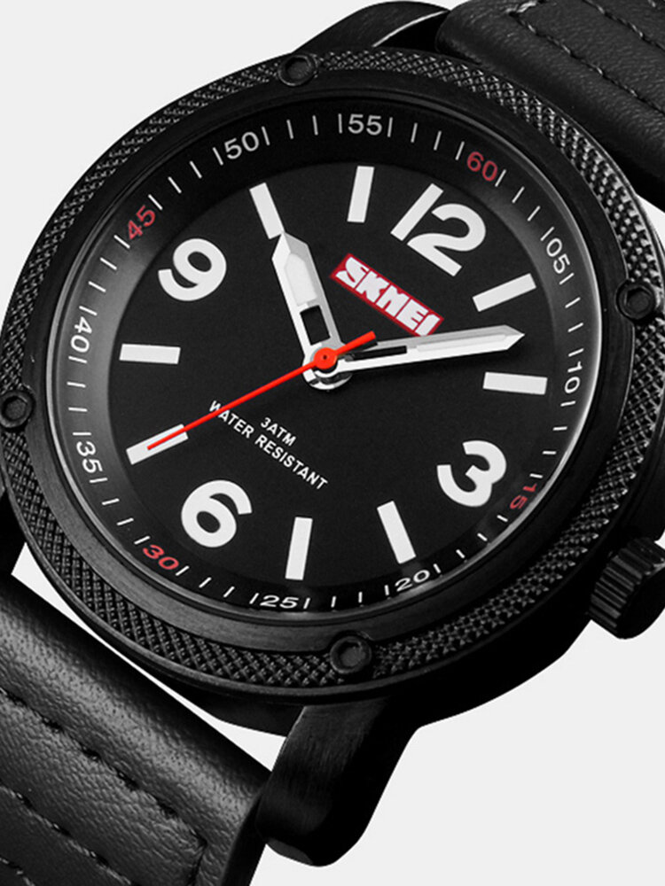  Business Leather Simple Watch Big Number Fashion Men Quartz Watch Waterproof Watch