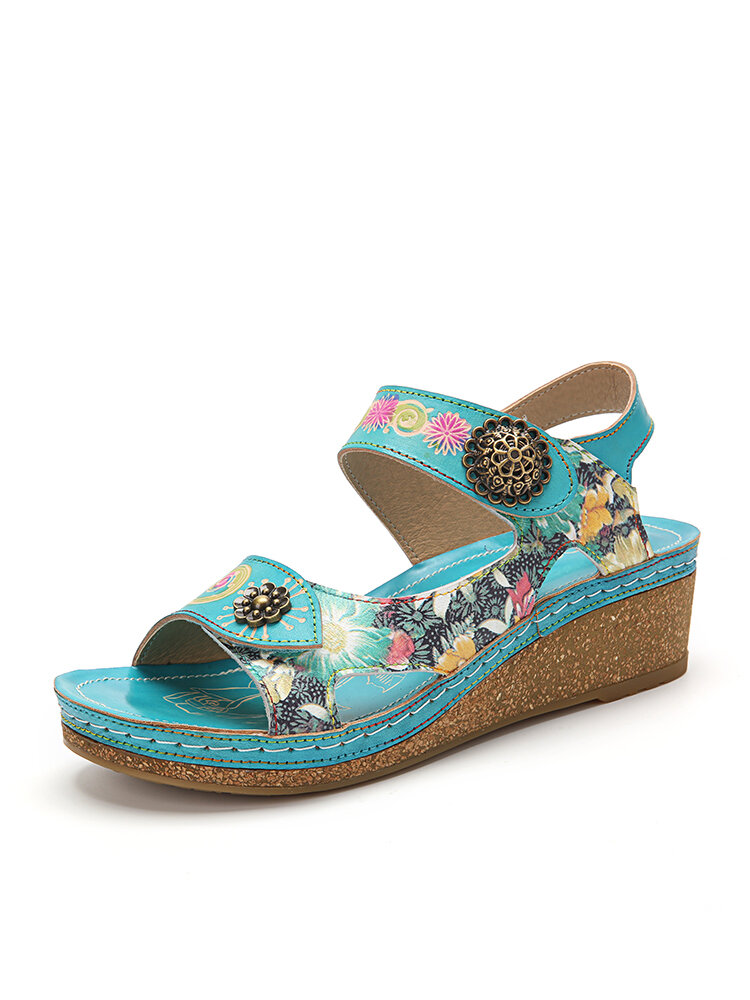 Socofy Genuine Leather Comfy Summer Vacation Bohemian Ethnic Floral Hook & Loop Wedges Sandals